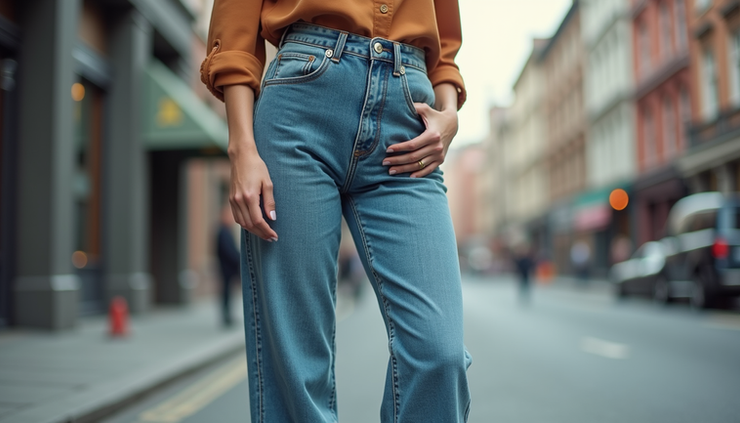Vista a nivel de los jeans wide leg en mujer bajita con tacones y blusa ajustada