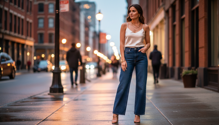 Eye-level view of a woman wearing wide-leg jeans and a fitted satin top on an evening sidewalk