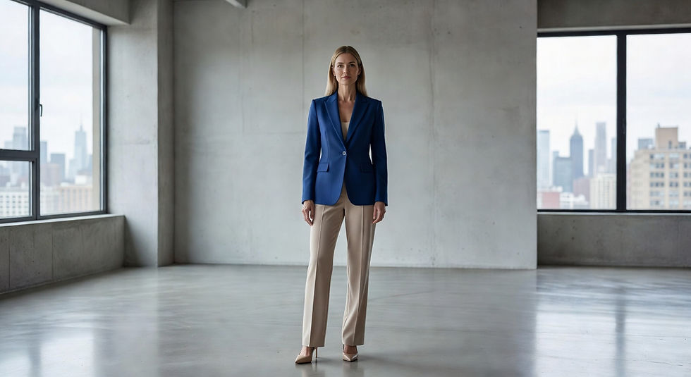 Mujer de pie en una sala moderna vacía, con blazer azul y pantalón beige, ante ventanales con vista a la ciudad.