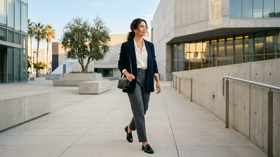 Mujer caminando en un entorno urbano moderno con edificios de vidrio y concreto. Lleva traje azul y bolso negro, expresión tranquila.