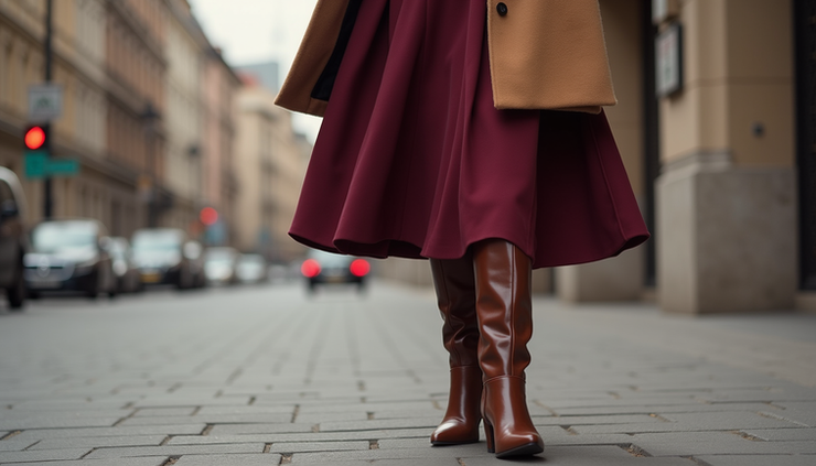 Plano medio de botas marrones con vestido burdeos y chaqueta camel