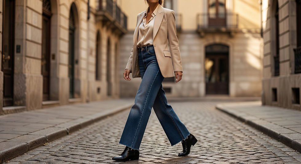 Mujer caminando por una calle adoquinada, lleva chaqueta beige y jeans. Edificios clásicos en el fondo. Estilo moderno y confiado.