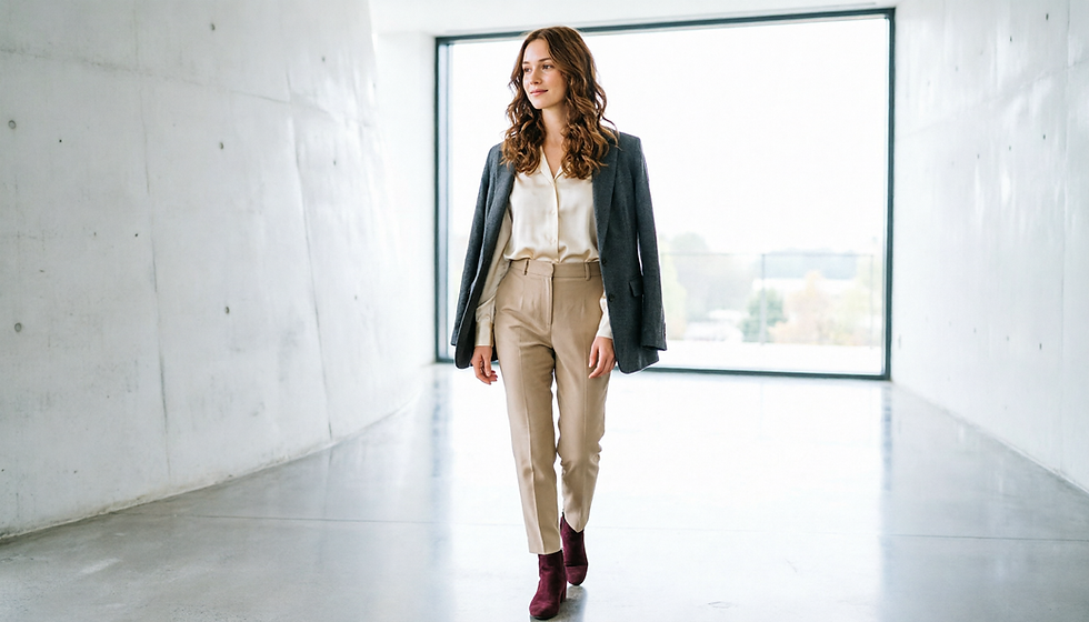Mujer caminando por un pasillo moderno, con blazer gris, blusa blanca, pantalón beige y botas burdeos, gesto sereno.