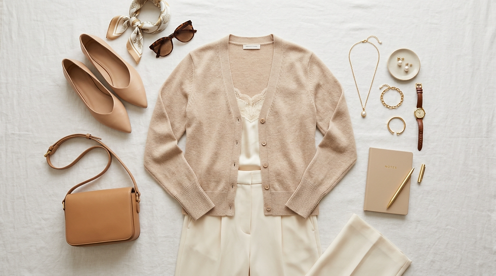 Conjunto beige sobre fondo blanco: cárdigan, top, pantalón, zapatos, bolso, gafas y accesorios; libreta NOTES.