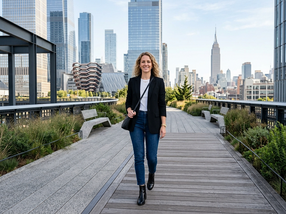 Mujer caminando sonriente en pasarela urbana con rascacielos y vegetación. Fondo de ciudad y cielo despejado. Atuendo casual y elegante.