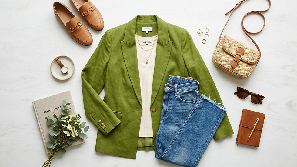 Conjunto de moda: blazer verde, jeans azules, camiseta beige. Zapatos marrones, bolso de paja, reloj, gafas, libro "Daily Muse".