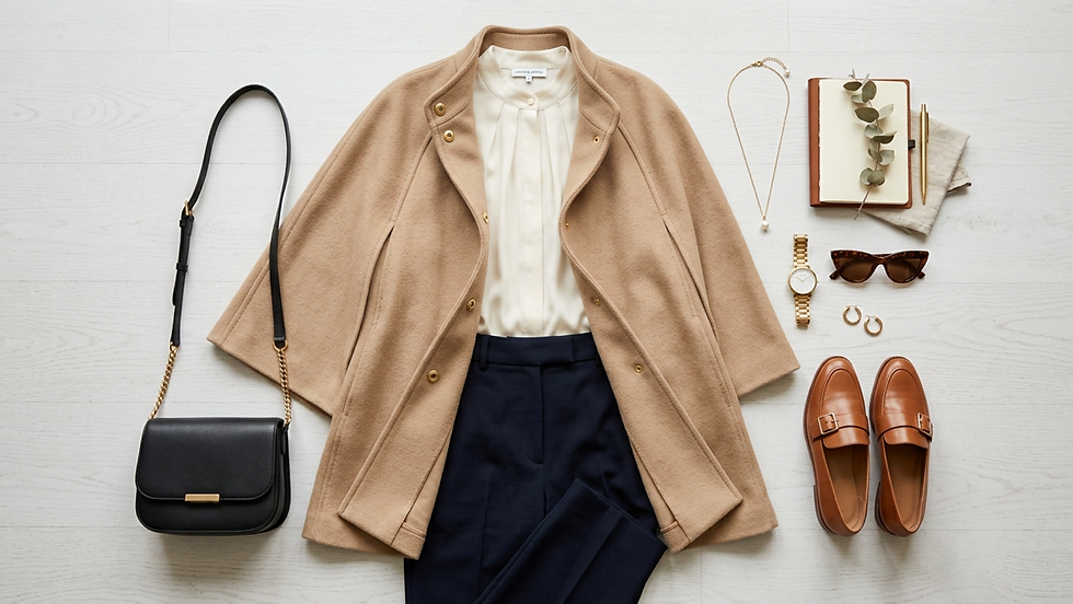 Ropa elegante sobre fondo blanco: abrigo beige, blusa blanca, pantalón negro, bolso, zapatos marrones, reloj dorado y accesorios.