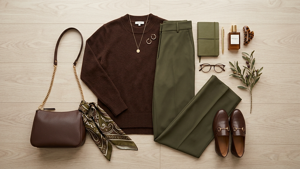 Conjunto elegante: suéter marrón, pantalón verde, bolso marrón con pañuelo, zapatos y accesorios sobre fondo de madera clara.