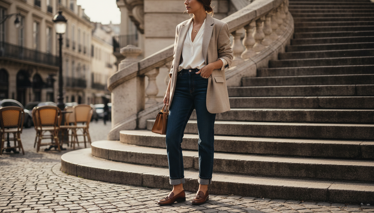 Wide-angle view of a woman wearing a beige jacket with dark jeans and loafers near a stone staircase.