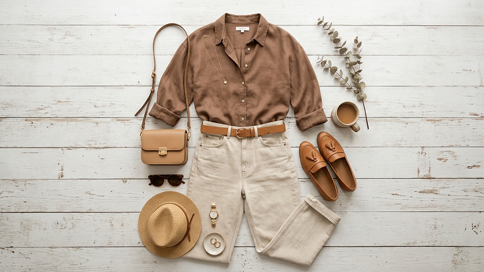 Conjunto beige y marrón sobre madera blanca: camisa, pantalón, bolso, sombrero, mocasines, gafas, reloj y taza.