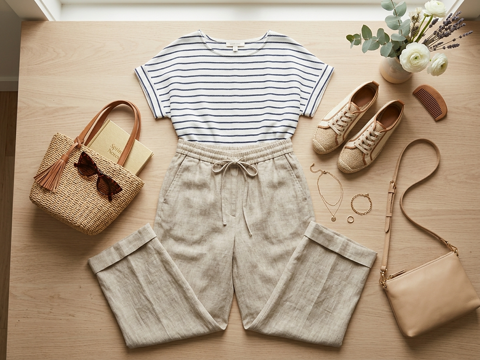 Ropa de verano en una mesa: camiseta a rayas, pantalones beige, bolso de paja con gafas de sol, flores, zapatos, joyas doradas y bolso crema.