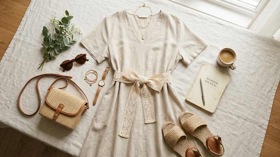 Plano cenital de vestido beige con cinturón de encaje, sandalias, bolso, gafas, café y cuaderno Summer Journal sobre lino.