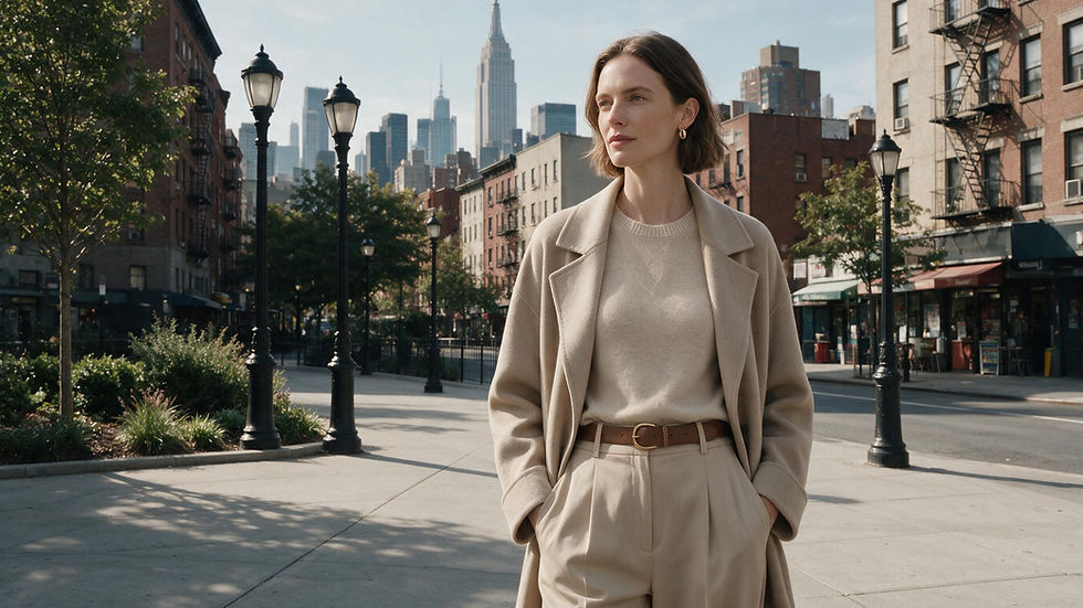 Mujer con abrigo beige en una calle de Nueva York, con el skyline al fondo; mira pensativa y tranquila.