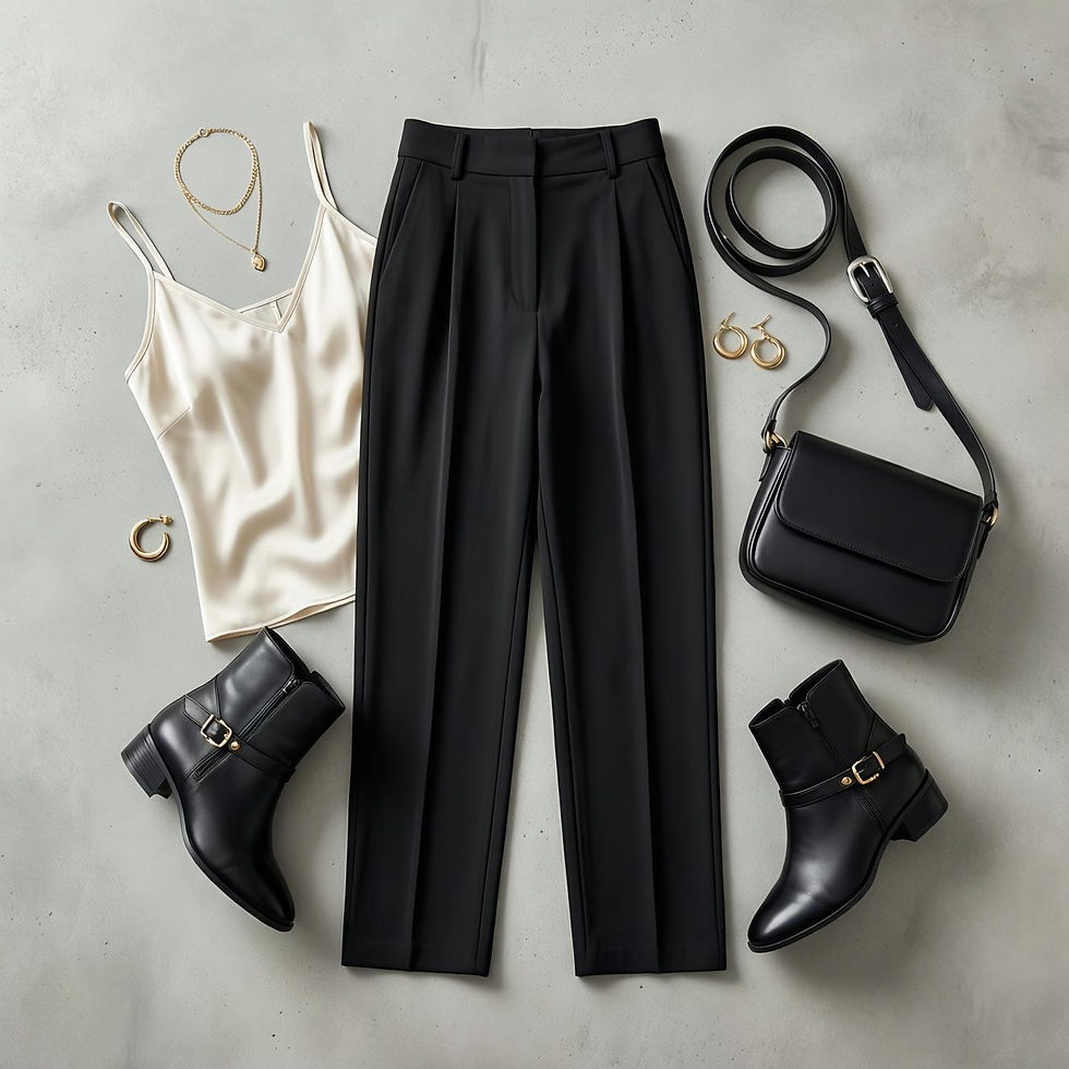 Conjunto de moda compuesto por top blanco, pantalones negros, botas negras, bolso negro y joyas doradas sobre fondo gris neutro.