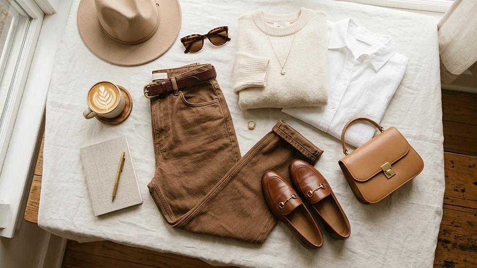 Flat lay de outfit beige y marrón: sombrero, gafas, café, jersey, camisa, pantalones, bolso, mocasines y cuaderno sobre cama blanca.