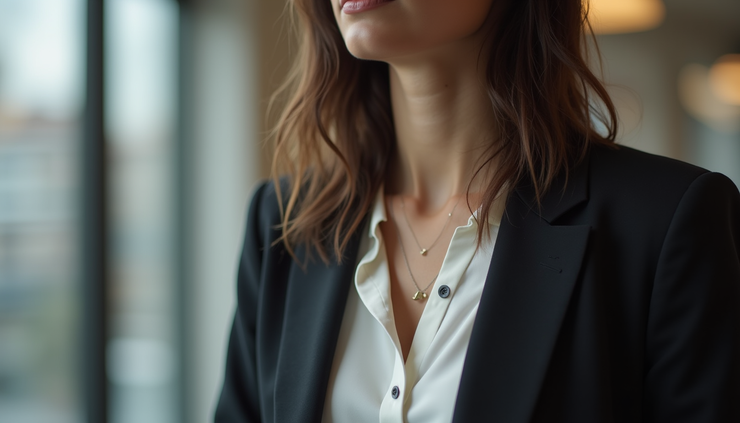 Vista de cerca de blazer mal entallado en mujer