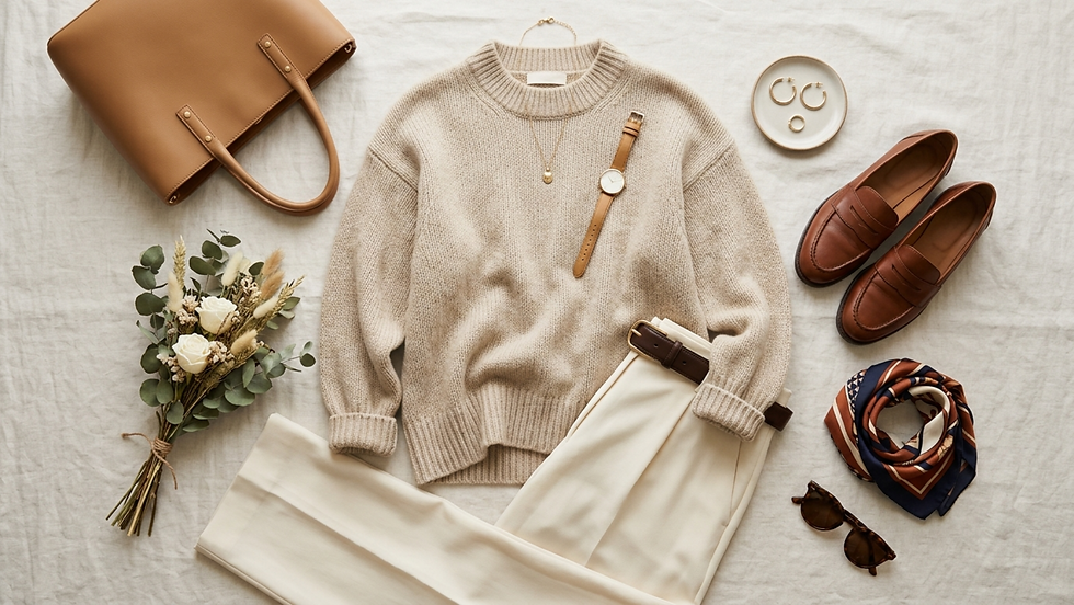 Conjunto elegante sobre fondo beige: bolso, jersey, reloj, pantalones crema, zapatos marrones, pañuelo, gafas, pendientes y ramo de flores.