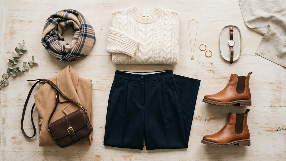 Conjunto de otoño en mesa clara: suéter crudo, bufanda a cuadros, falda azul, bolso, botas y joyas.