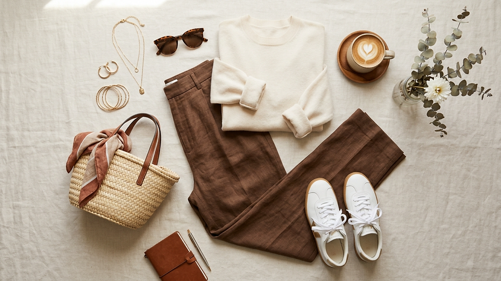 Estilo plano: suéter crema, pantalón marrón, zapatillas blancas, bolso de mimbre, café y flores sobre tela beige.