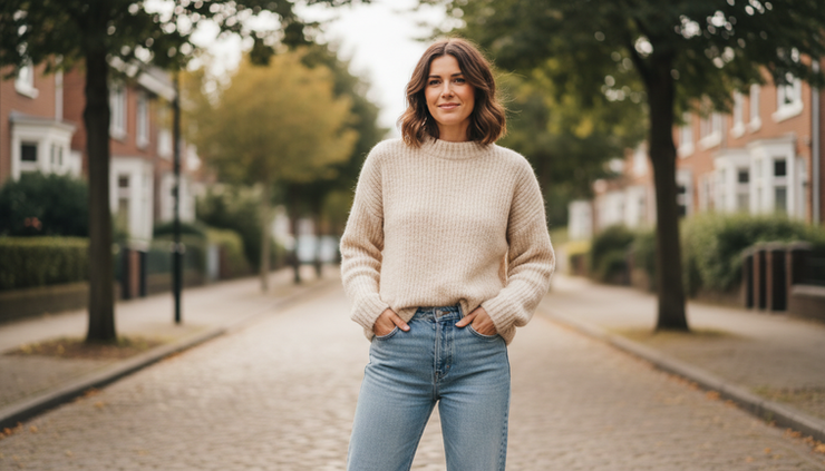 Vista a la altura de los ojos de una mujer con suéter beige y jeans claros en una calle tranquila