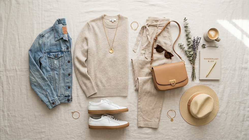 Flat lay de moda neutra: chaqueta vaquera, jersey beige, pantalón, zapatillas blancas, bolso, sombrero y libro Wanderlust & Joy.