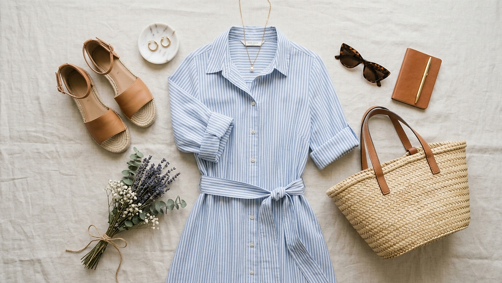 Vestido azul a rayas con accesorios: sandalias marrones, cartera de paja, gafas de sol, cuaderno, flores y joyas sobre fondo claro.