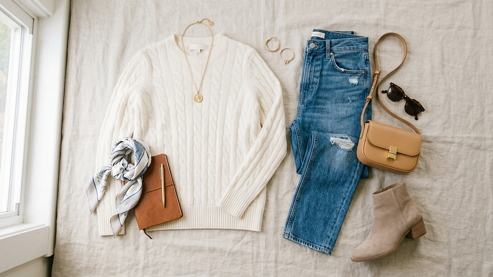 Conjunto sobre lino: jersey blanco, jeans azules, botín beige, bolso camel, gafas, pañuelo, libreta y joyas junto a una ventana.
