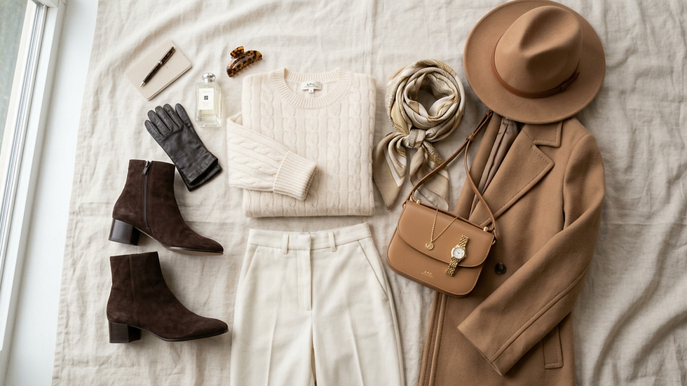 Conjunto otoñal beige y marrón con abrigo, botas, sombrero, bufanda, bolso y perfume; etiqueta A.P.C., estilo elegante.