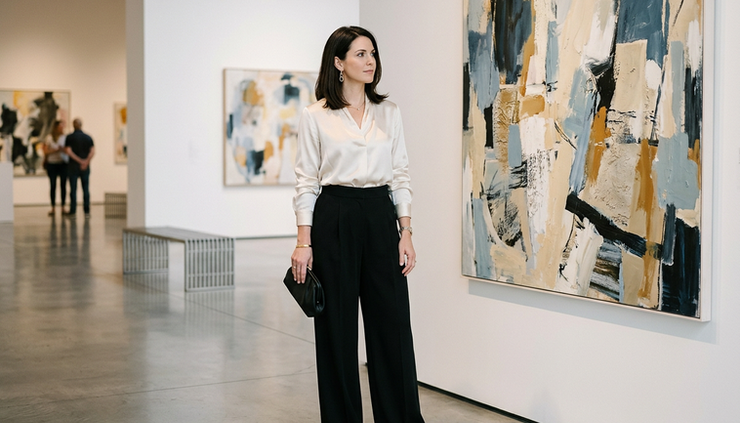 Plano medio de una blusa clara combinada con un pantalón negro en una sala de arte.