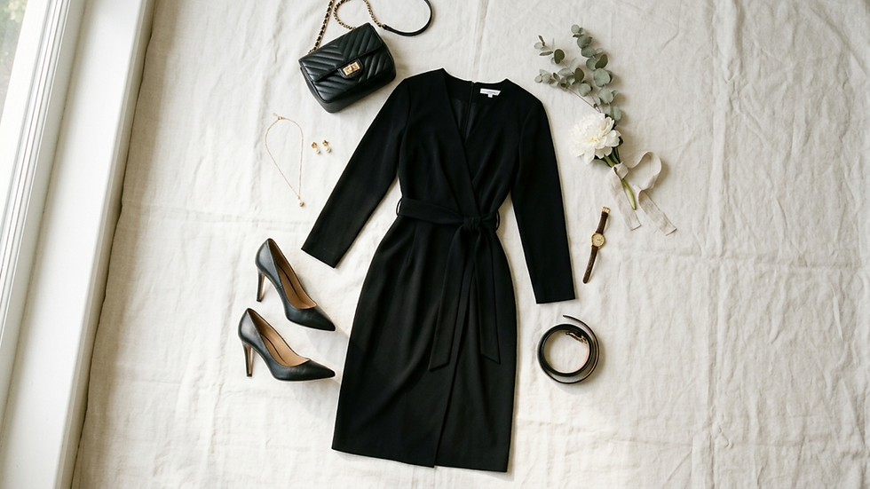 Vestido negro con cinturón, tacones, bolso negro, reloj dorado, joyas y flores sobre un fondo de tela blanca. 룩 elegante y sofisticado.