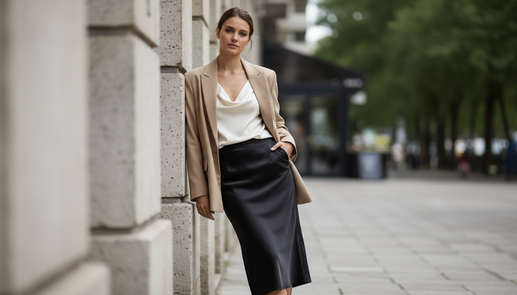 Vista lateral de una mujer con chaqueta beige y falda midi satinada junto a una pared clara.