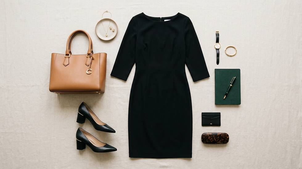 Vestido negro, bolso beige, tacones, reloj, joyas, libreta y cartera sobre fondo claro; estilo elegante y sobrio.