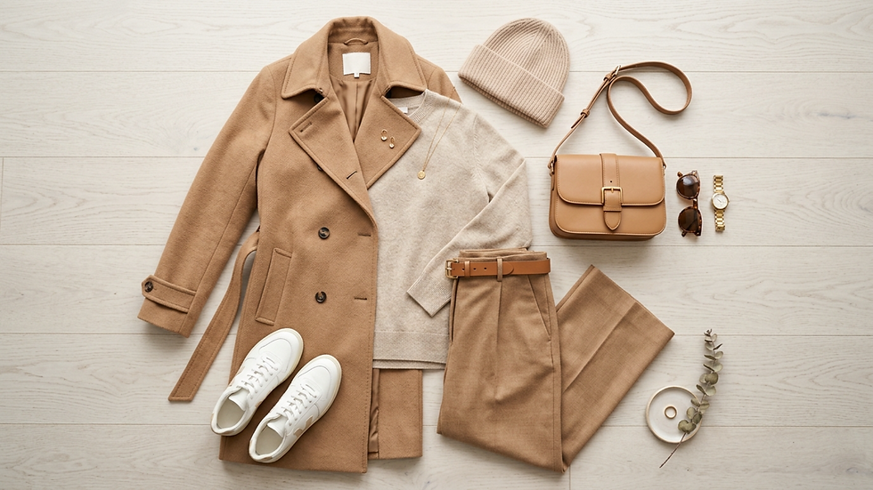 Conjunto femenino beige y camel sobre mesa clara: abrigo, suéter, pantalón, gorro, bolso, gafas, reloj y zapatillas blancas.