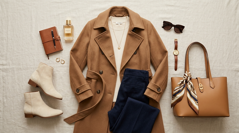 Conjunto de moda en beige y camel: abrigo, jersey, pantalón azul, botines, bolso, gafas, reloj, perfume y cuaderno sobre lino.