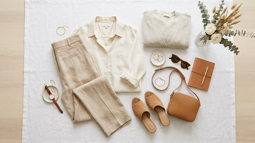 Flat lay de ropa beige y accesorios: camisa, pantalón, sandalias, bolso, gafas, reloj y flores sobre fondo blanco.