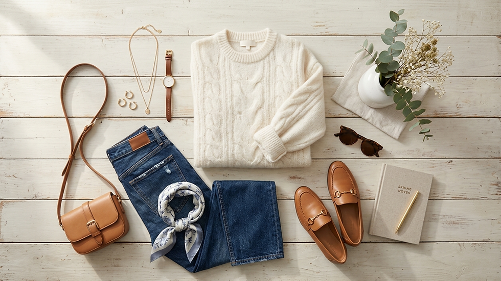 Bodegón de moda sobre madera: jersey crema, jeans, mocasines, bolso, gafas, cuaderno y flores; se lee SPRING NOYES.