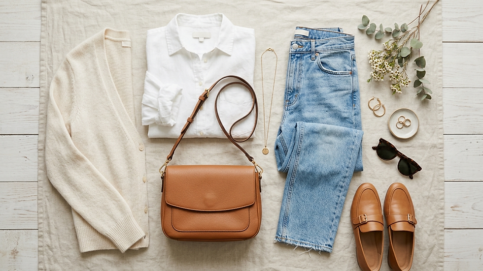 Conjunto de moda sobre fondo beige: camisa blanca, cardigan crema, jeans azules, bolso marrón, mocasines, joyas y gafas.