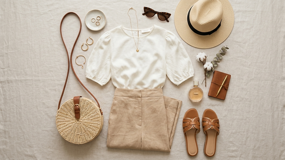 Ropa beige y blanca sobre fondo claro: blusa, pantalones, sombrero, bolso, sandalias, joyas, gafas, perfume Chanel, libreta. Estilo veraniego.