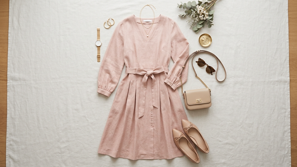 Vestido rosa con cinturón rodeado de accesorios: bolso beige, zapatos, reloj dorado, gafas de sol y ramo de flores sobre tela blanca.