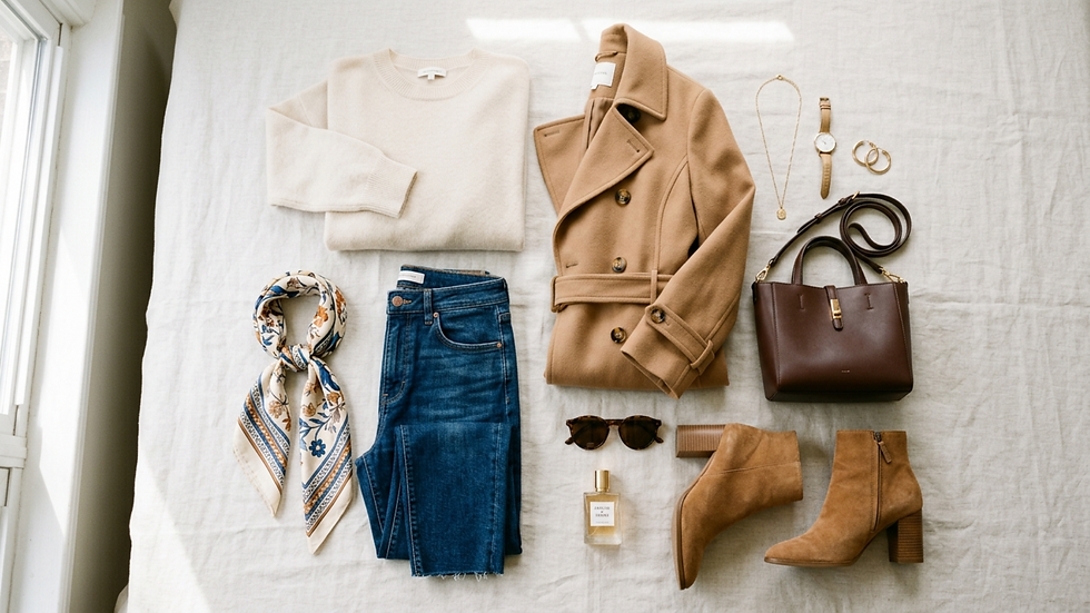 Conjunto de moda sobre tela blanca: abrigo camel, jersey crema, vaqueros, botas, bolso marrón, pañuelo, joyas y gafas.