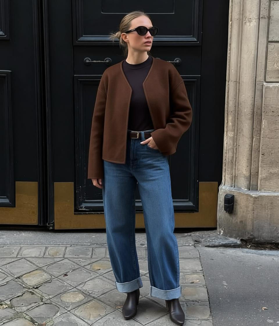 Mujer con gafas de sol, chaqueta marrón y jeans, de pie en una calle empedrada frente a una puerta negra. Estilo moderno y relajado.