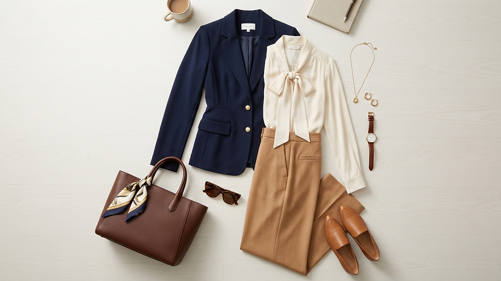 Conjunto elegante: blazer azul, blusa crema, pantalones beige. Complementos: bolso marrón, mocasines, reloj, joyas, taza y libreta. elegante.