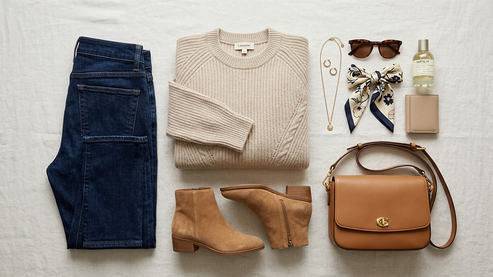 Ropa y accesorios dispuestos sobre tela blanca: jeans, suéter beige, botines marrones, bolso, pañuelo, gafas, joyas y perfume.