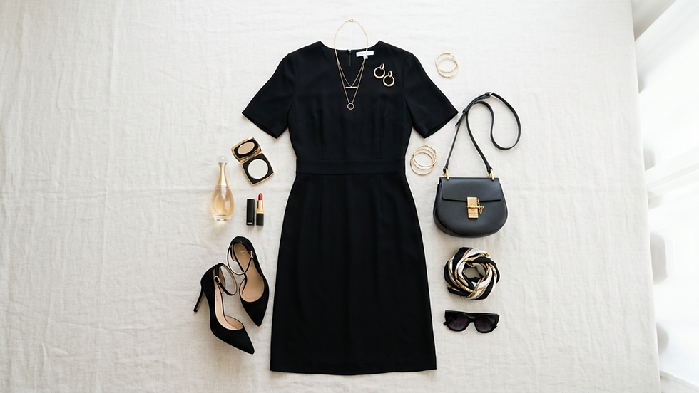 Vestido negro con accesorios: tacones, bolso, collar, pendientes dorados, pintalabios rojo, perfume y gafas de sol sobre tela blanca.