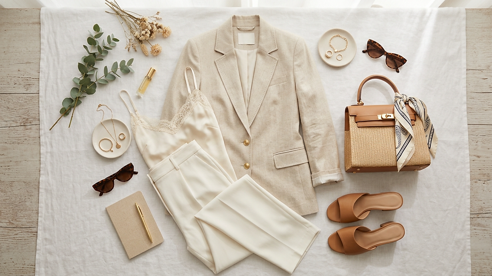 Conjunto beige en mesa: blazer, blusa, pantalón, sandalias, bolso, gafas y joyas sobre lino blanco.