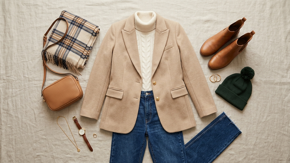 Conjunto otoñal en fondo beige: blazer crema, jersey blanco, jeans, botines marrones, gorro verde, bolso y bufanda a cuadros.