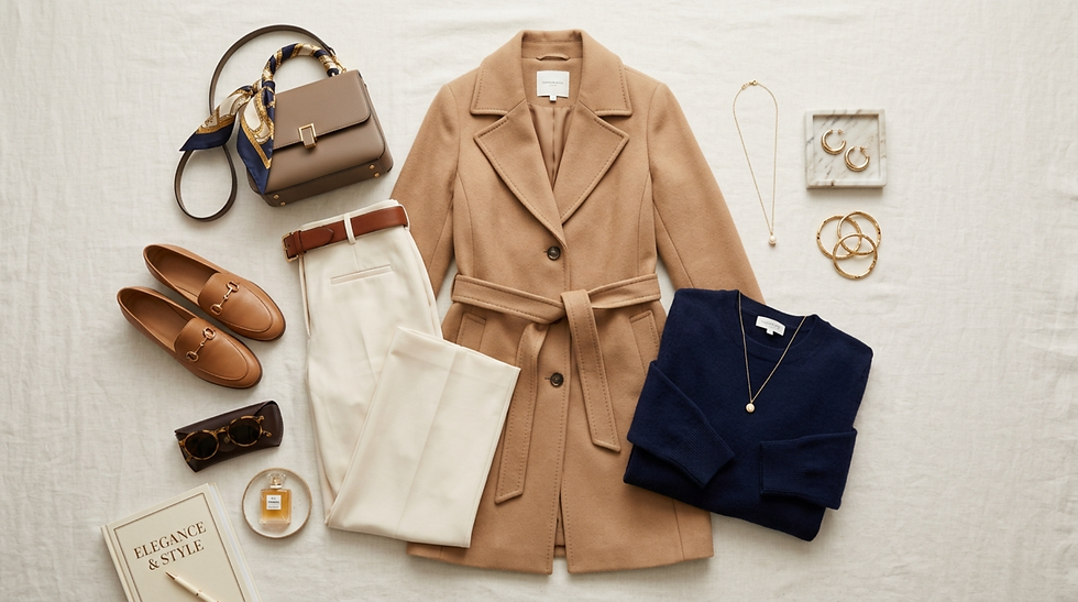Moda sobre tela clara: abrigo camel, pantalón blanco, suéter azul, bolso, mocasines, joyas y libro Elegance & Style.