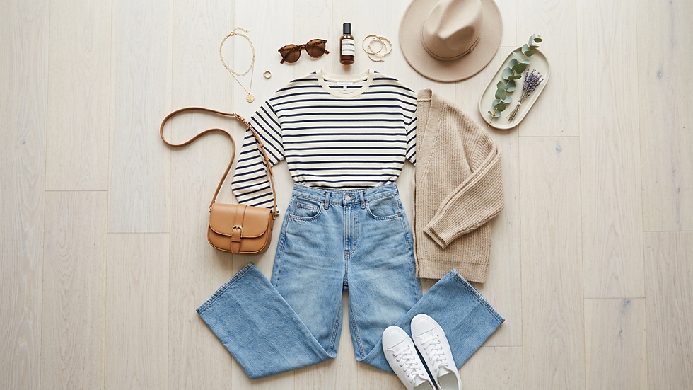 Conjunto de moda sobre suelo claro: camiseta marinera, jeans, chaqueta beige, bolso, gafas, sombrero, zapatillas y accesorios