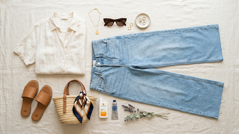 Camisa blanca, jeans azules, sandalias marrones, bolso de mimbre, gafas, joyas, crema solar y flores sobre un fondo beige. Estilo veraniego.