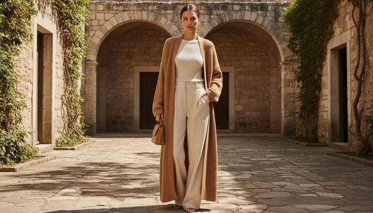 Wide-angle view of a woman wearing a long camel cardigan with wide-leg trousers in a sunlit courtyard